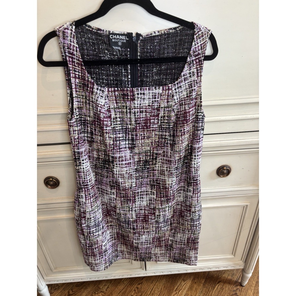 Chanel Boutique Vintage 1998 Black Green Purple Tweed Shift Dress Sleeveless